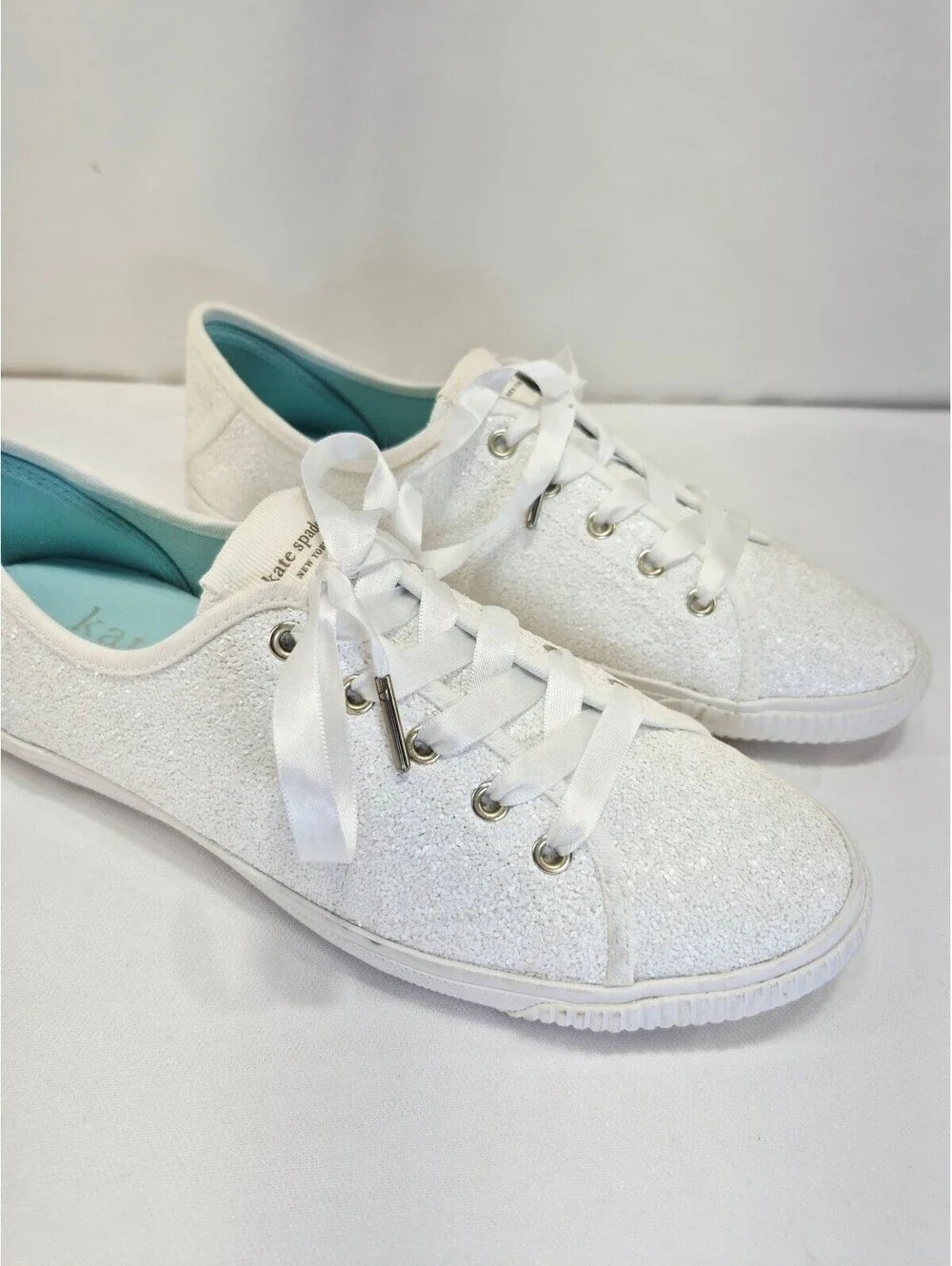 Kate Spade Women's 8 Trista White Glitter Lace Up Sneaker Shoes